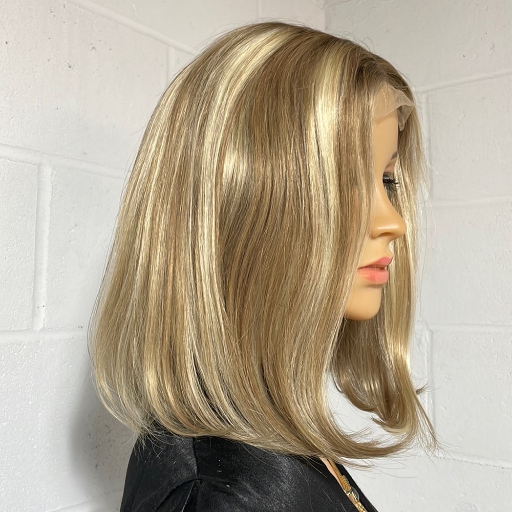 100% human hair wig champagne bronde honey blonde highlighted wig lace NWT 13”